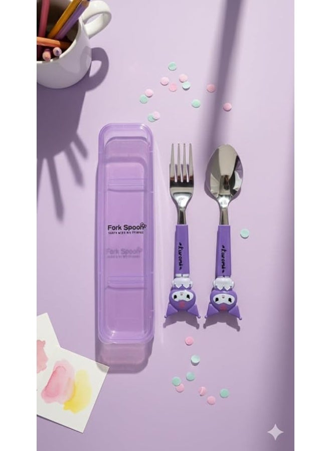 Happy Hugs Stainless Steel Fork Spoon Cutlery Set with Case, Purple color, Character Design, 2 Pieces portable set - Image 2